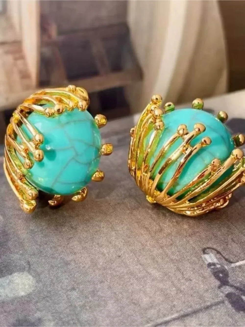 Gold-Tone Turquoise Dome Clip Earrings